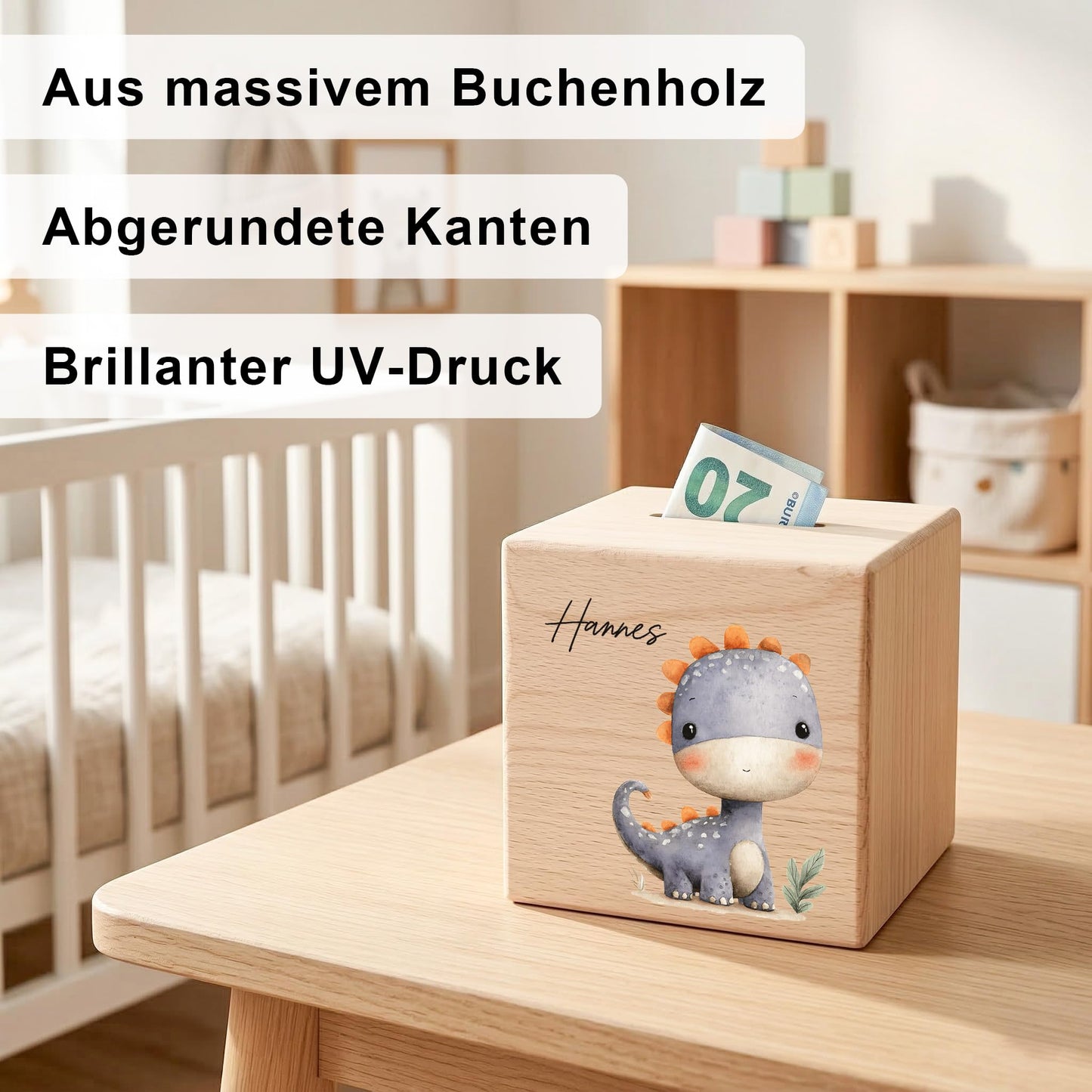 Spardose Dino für Jungen personalisierte Sparbox aus Holz Sparschwein für Kinder V7