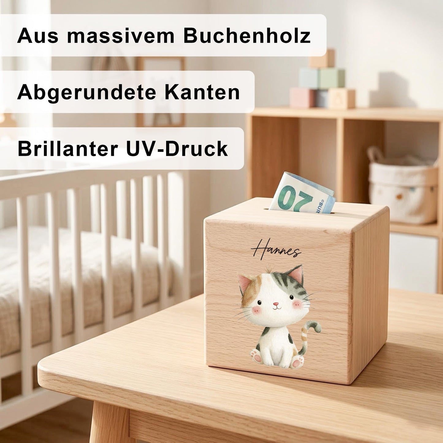 Katze Spardose für Kinder aus Holz personalisierte Sparbox Holzspardose mit Schlüssel als Geldgeschenk