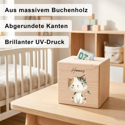 Katze Spardose für Kinder aus Holz personalisierte Sparbox Holzspardose mit Schlüssel als Geldgeschenk