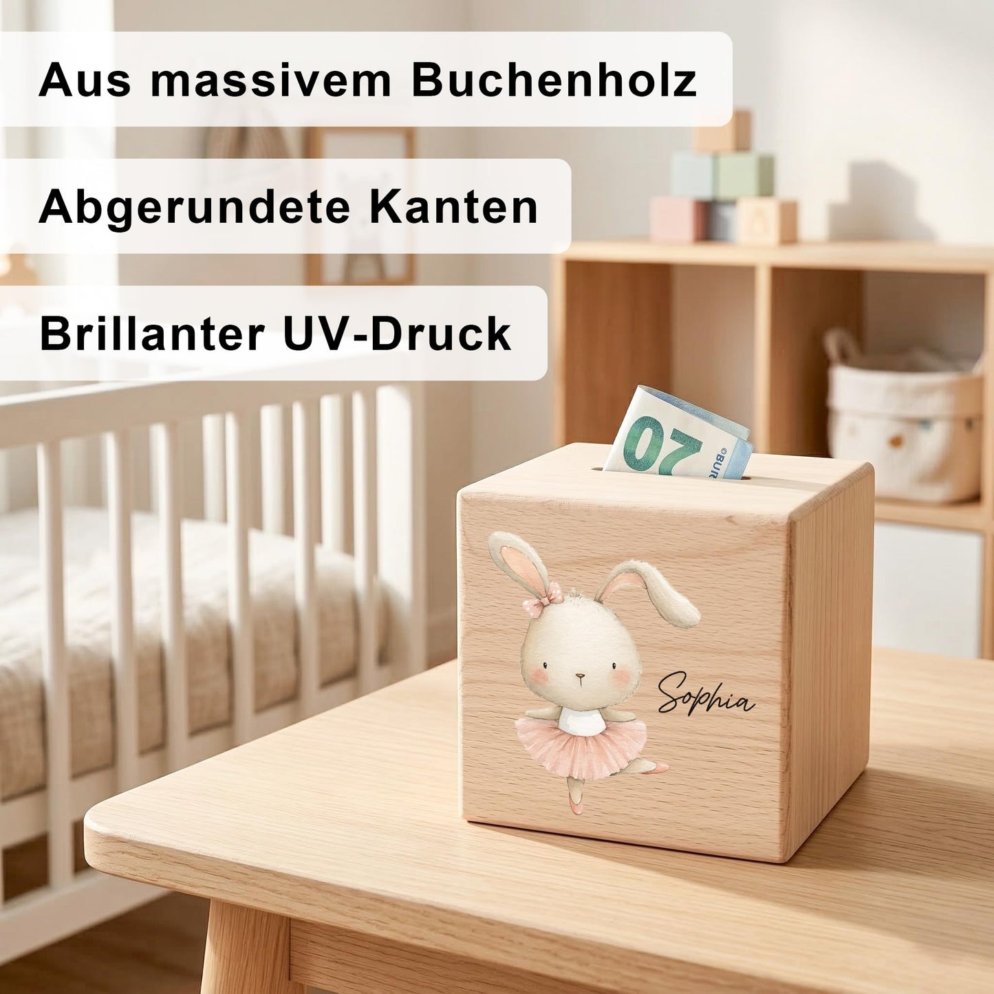 Spardose für Mädchen personalisierte Sparbox aus Holz mit Hase Geldgeschenk für Kinder