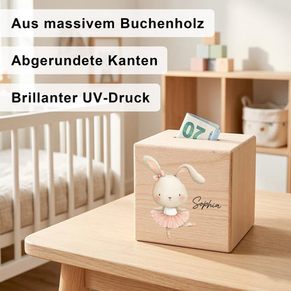 Spardose für Mädchen personalisierte Sparbox aus Holz mit Hase Geldgeschenk für Kinder