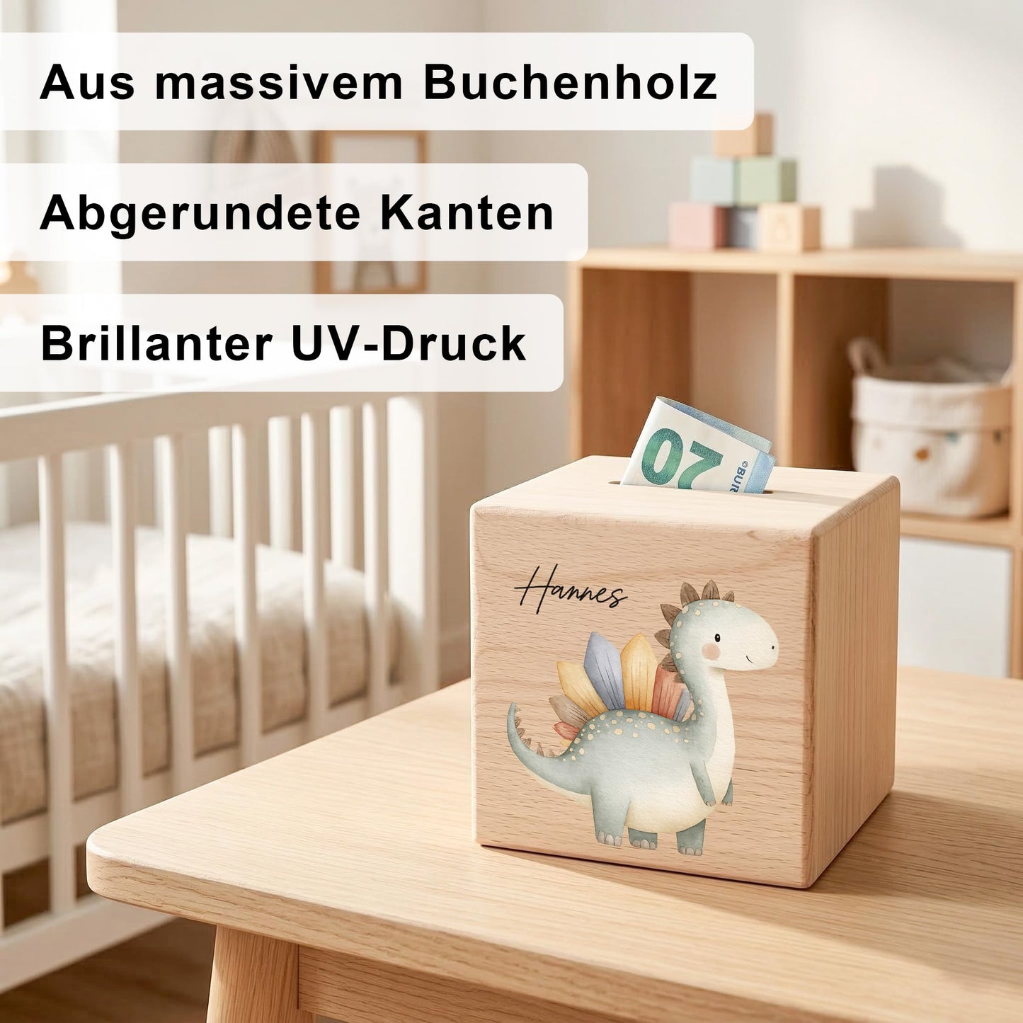 Spardose Dino für Jungen personalisierte Sparbox aus Holz Sparschwein für Kinder V5