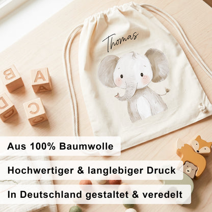 Elefant Turnbeutel für Kinder personalisierter Sportbeutel für den Kindergarten Stoffbeutel mit Kordelzug
