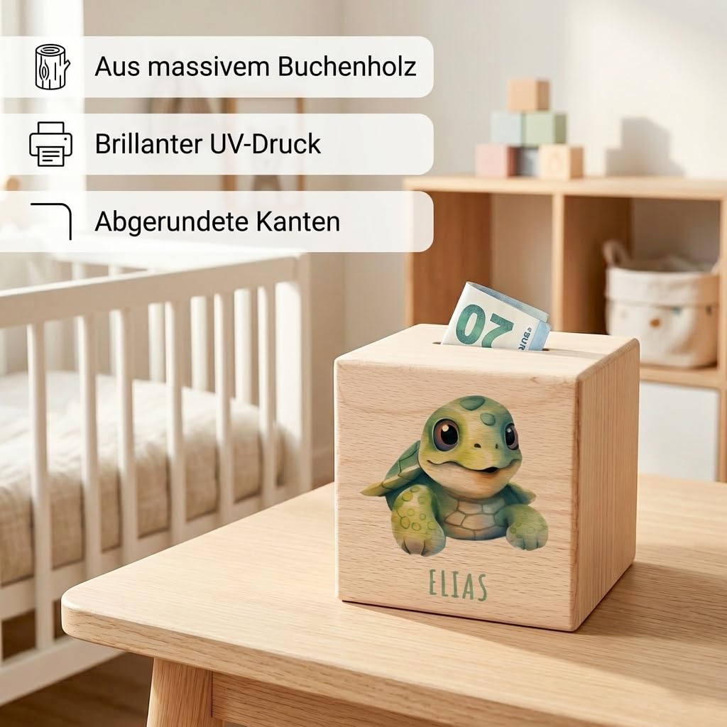 Schildkröte Spardose für Kinder personalisiert Sparbox aus Holz Sparschwein mit Schlüssel Taufgeschenk für Jungen und Mädchen