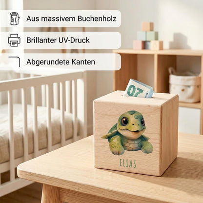 Schildkröte Spardose für Kinder personalisiert Sparbox aus Holz Sparschwein mit Schlüssel Taufgeschenk für Jungen und Mädchen