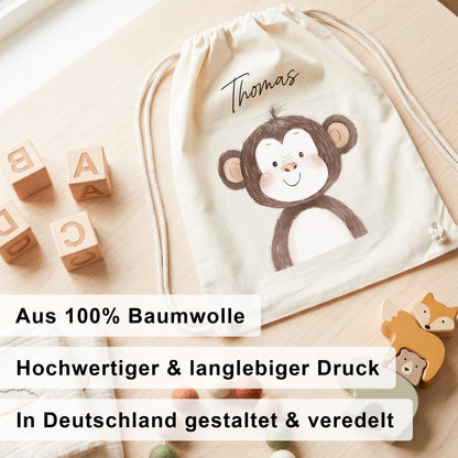 Affe Turnbeutel für Kinder personalisierter Sportbeutel für den Kindergarten Stoffbeutel mit Kordelzug