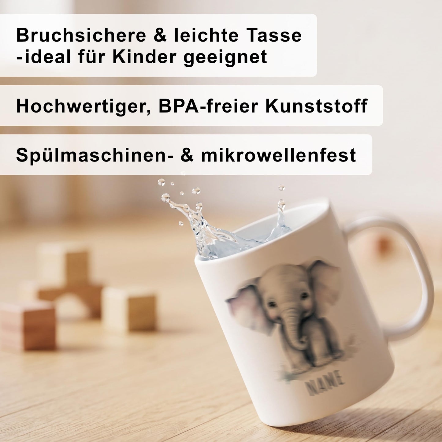 Bruchsichere Kindertasse leichte Kunststoff Tasse mit Henkel für Kindergarten, Elefant