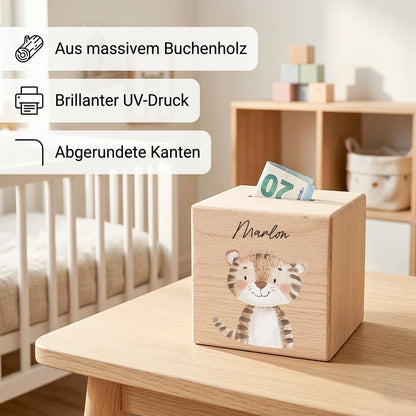 Spardose für Kinder Tiger personalisiert Safari Tiere Sparbox aus Holz Sparschwein mit Schlüssel Taufgeschenk für Jungen & Mädchen