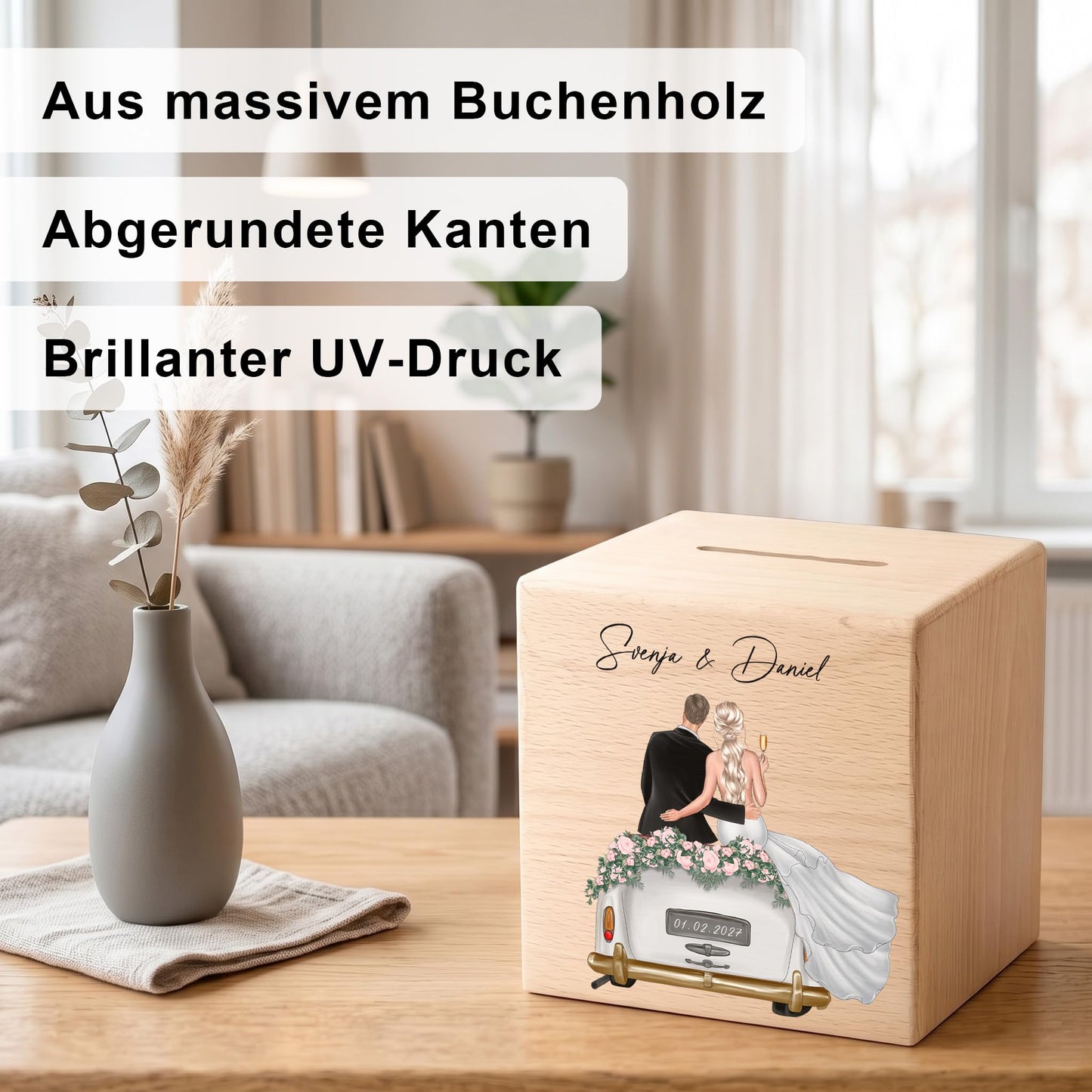 Geldgeschenk zur Hochzeit personalisierte Holz Spardose Hochzeitsgeschenk für Brautpaar als Geld Geschenk