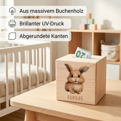 Hase Spardose für Kinder personalisiert Sparbox aus Holz Sparschwein mit Schlüssel Taufgeschenk für Jungen und Mädchen