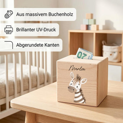 Spardose für Kinder Zebra personalisiert Safari Tiere Sparbox aus Holz Sparschwein mit Schlüssel Taufgeschenk für Jungen & Mädchen