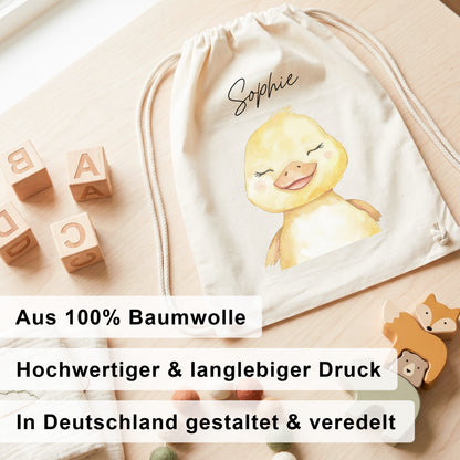 Ente Turnbeutel Kinder personalisierter Sportbeutel für Kindergarten & Kita Stoffbeutel mit Kordelzug