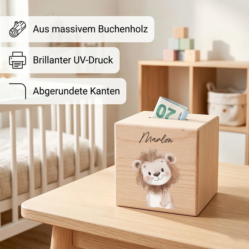Spardose für Kinder Löwe personalisiert Safari Tiere Sparbox aus Holz Sparschwein mit Schlüssel Taufgeschenk für Jungen & Mädchen