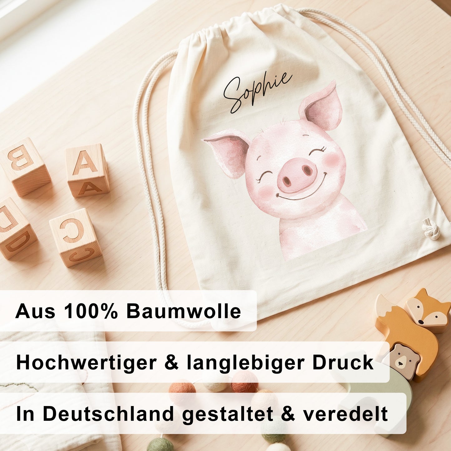 Schwein Turnbeutel Kinder personalisierter Sportbeutel für Kindergarten & Kita Stoffbeutel mit Kordelzug