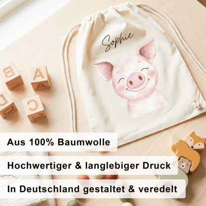 Schwein Turnbeutel Kinder personalisierter Sportbeutel für Kindergarten & Kita Stoffbeutel mit Kordelzug