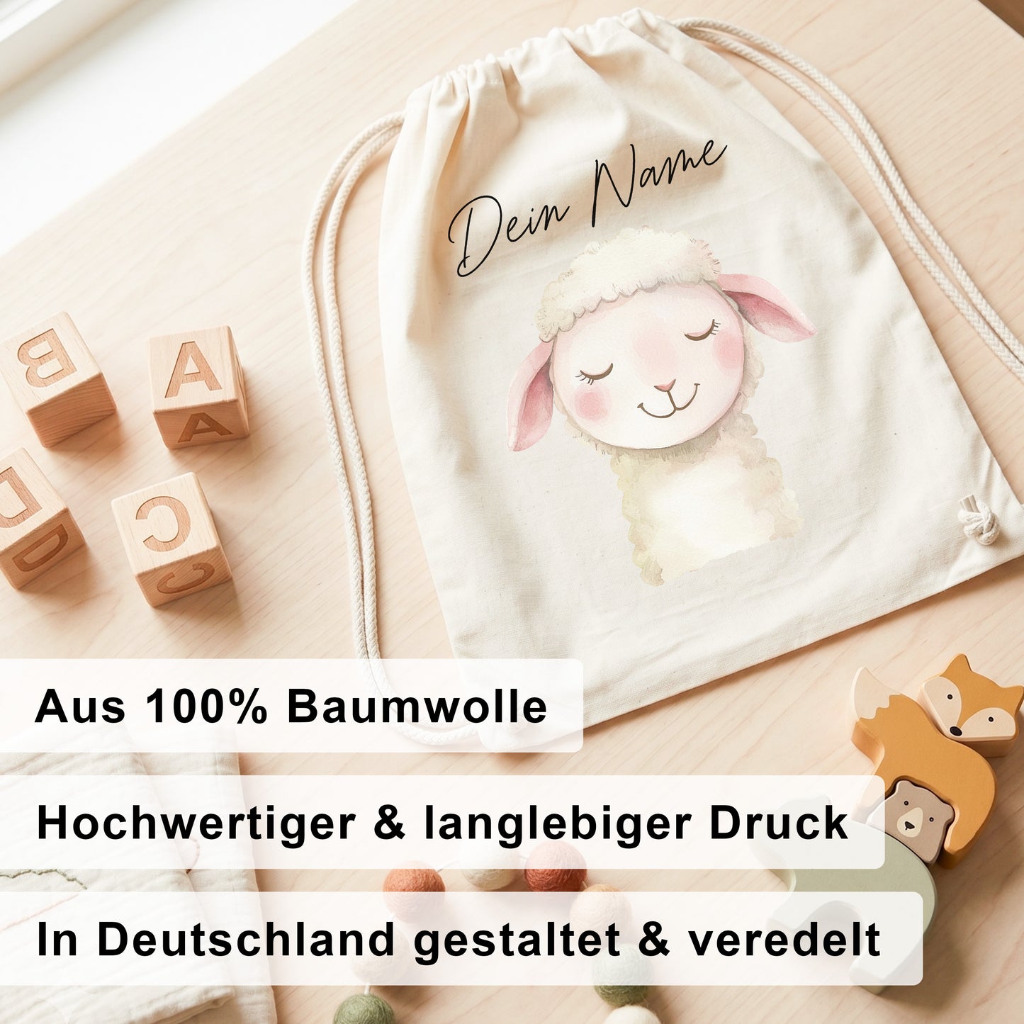 Schaf Turnbeutel Kinder personalisierter Sportbeutel für Kindergarten & Kita Stoffbeutel mit Kordelzug
