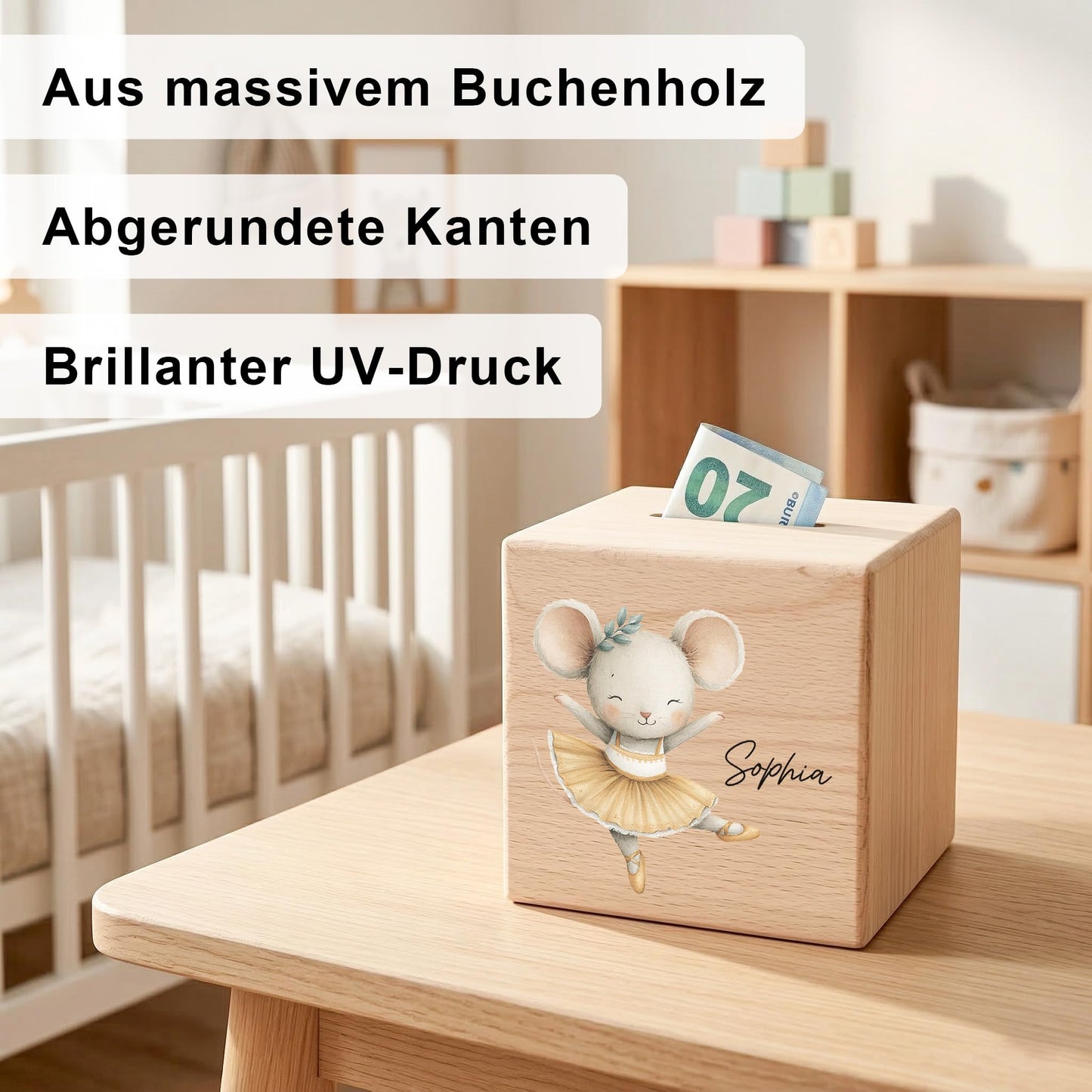 Spardose für Mädchen personalisierte Sparbox aus Holz mit Maus Geldgeschenk für Kinder
