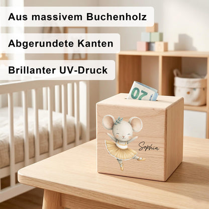 Spardose für Mädchen personalisierte Sparbox aus Holz mit Maus Geldgeschenk für Kinder