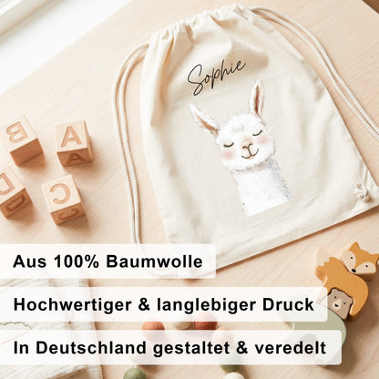 Lama Turnbeutel Kinder personalisierter Sportbeutel für Kindergarten & Kita Stoffbeutel mit Kordelzug