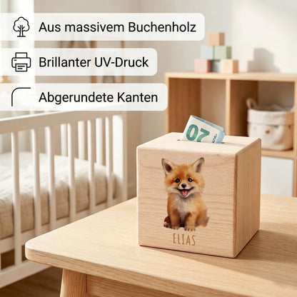 Fuchs Spardose für Kinder personalisiert Sparbox aus Holz Sparschwein mit Schlüssel Taufgeschenk für Jungen und Mädchen