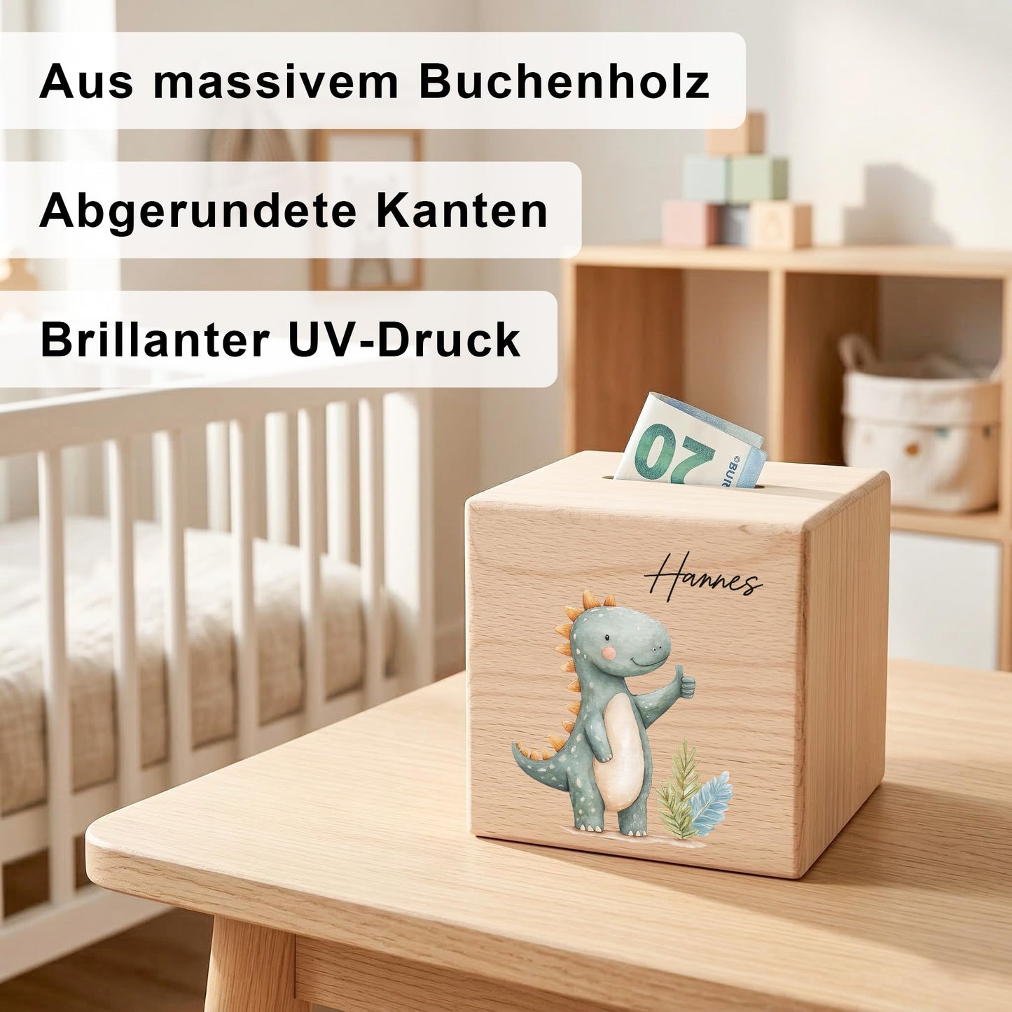 Spardose Dino für Jungen personalisierte Sparbox aus Holz Sparschwein für Kinder V2