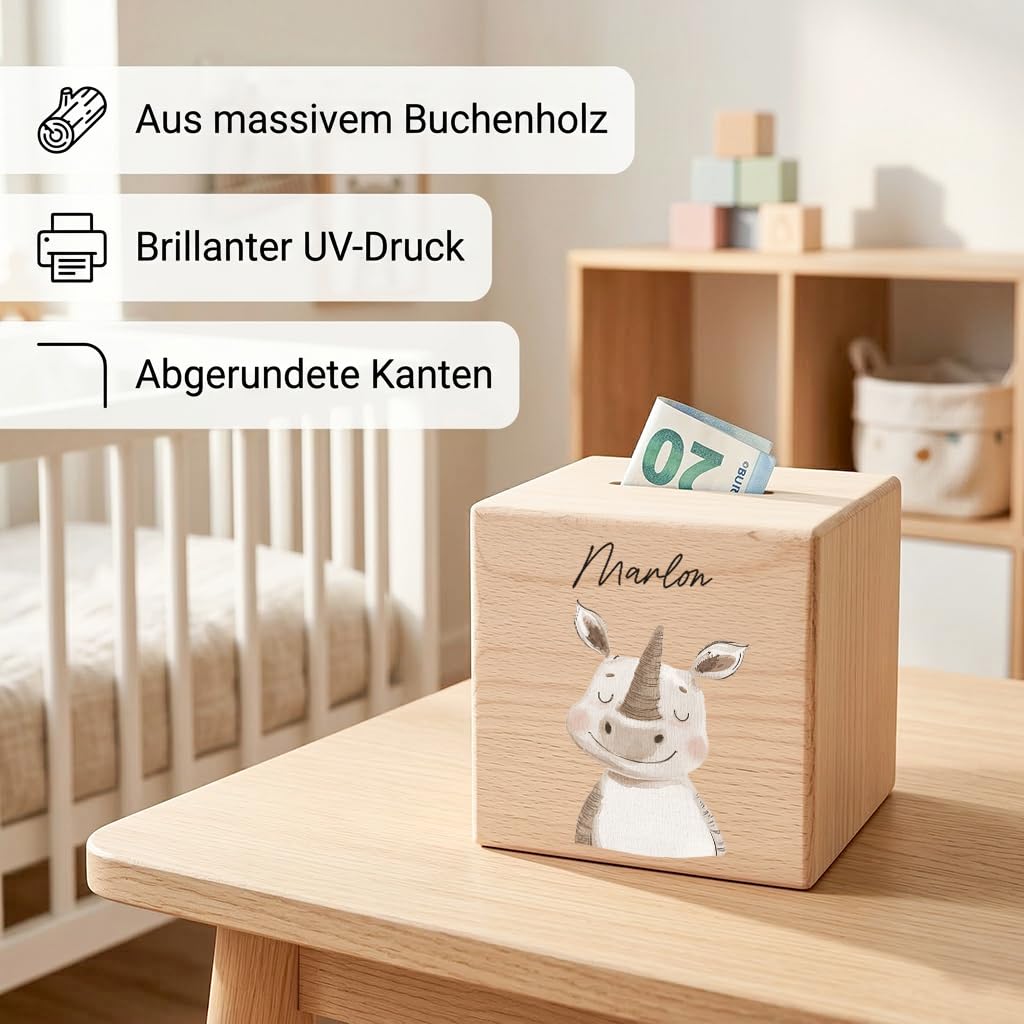 Spardose für Kinder Nashorn personalisiert Safari Tiere Sparbox aus Holz Sparschwein mit Schlüssel Taufgeschenk für Jungen & Mädchen