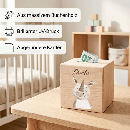 Spardose für Kinder Nashorn personalisiert Safari Tiere Sparbox aus Holz Sparschwein mit Schlüssel Taufgeschenk für Jungen & Mädchen