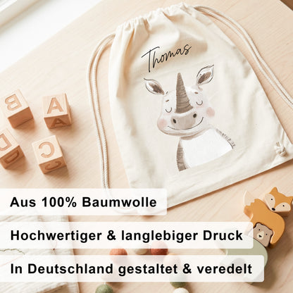 Nashorn Turnbeutel für Kinder personalisierter Sportbeutel für den Kindergarten Stoffbeutel mit Kordelzug