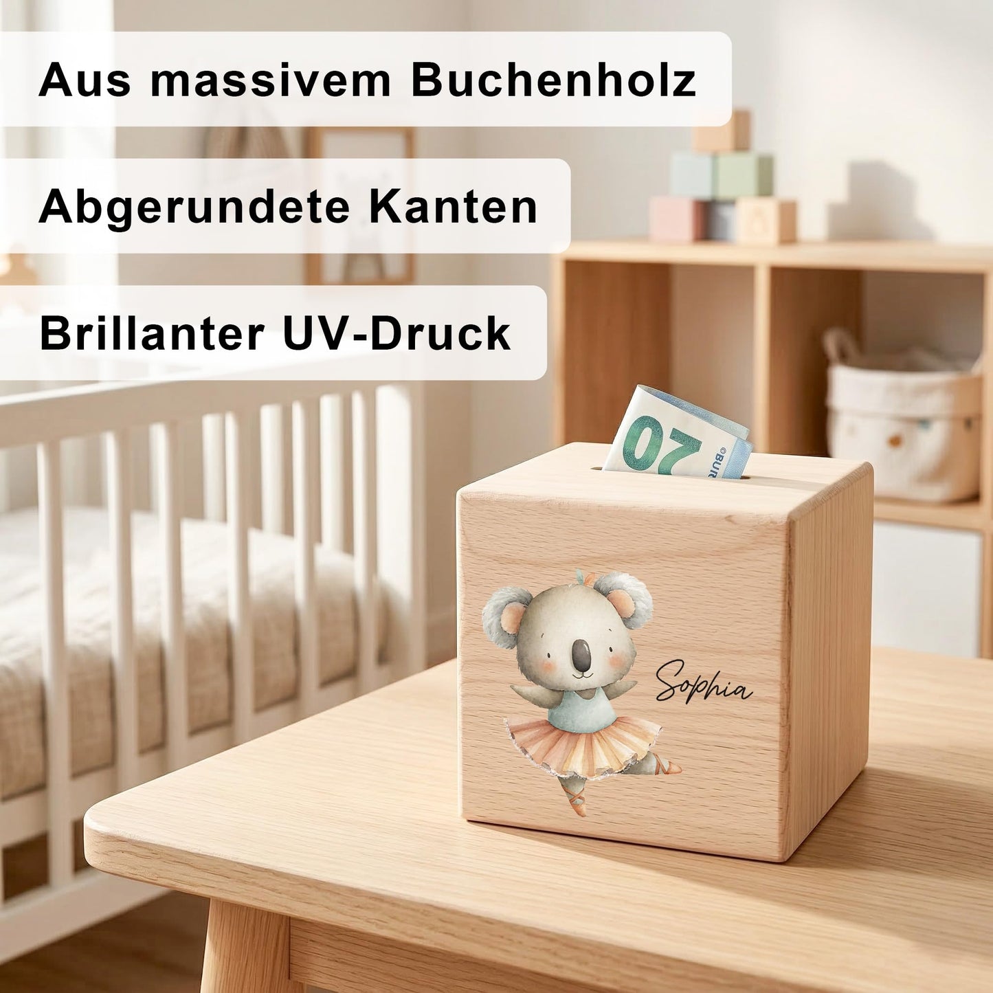 Spardose für Mädchen personalisierte Sparbox aus Holz mit Koala Geldgeschenk für Kinder