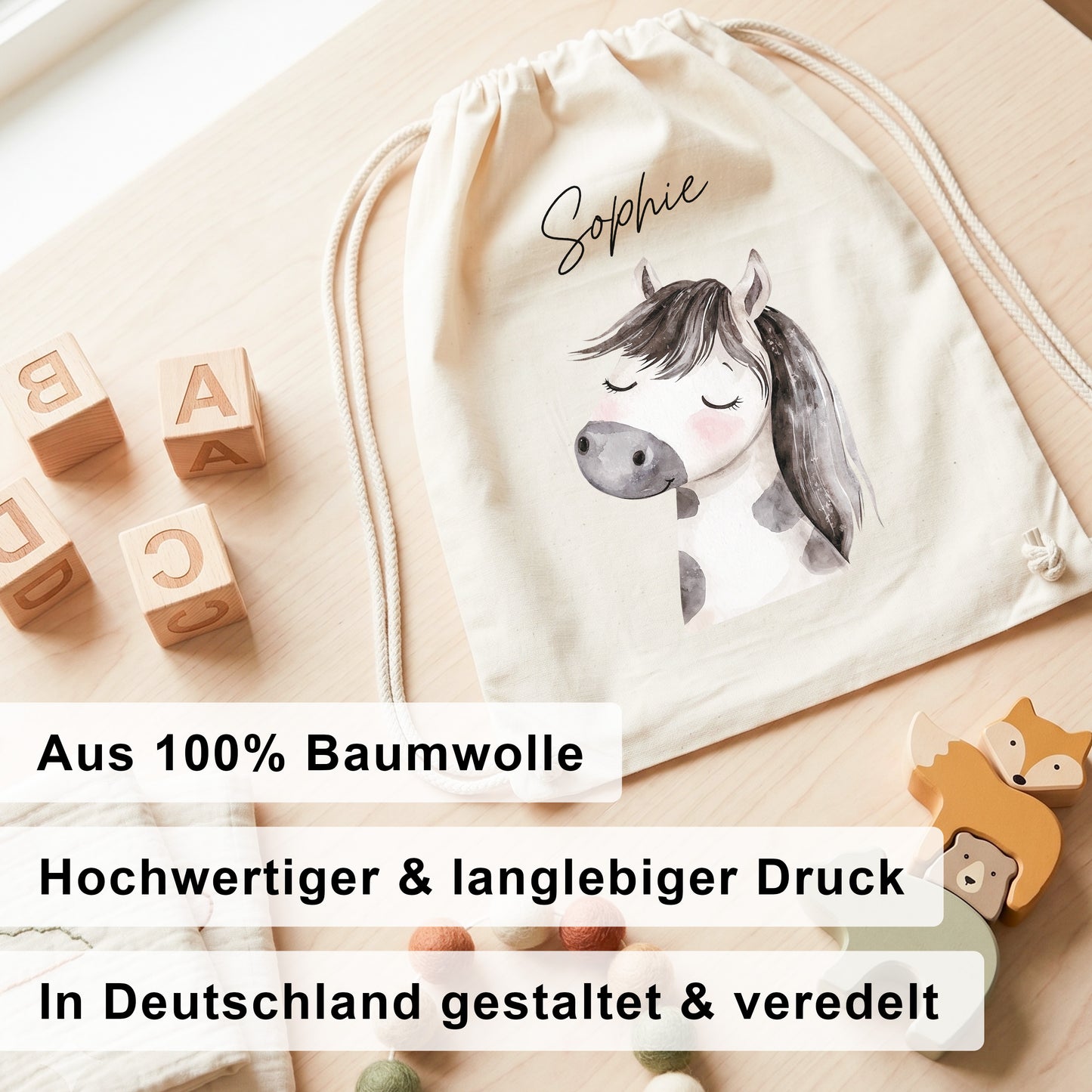 Pferd Turnbeutel Kinder personalisierter Sportbeutel für Kindergarten & Kita Stoffbeutel mit Kordelzug