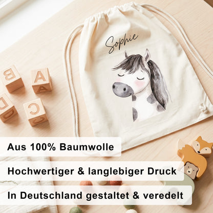 Pferd Turnbeutel Kinder personalisierter Sportbeutel für Kindergarten & Kita Stoffbeutel mit Kordelzug