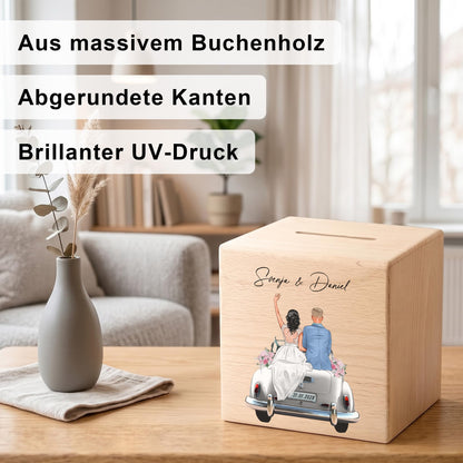 Hochzeitsgeschenk für Brautpaar personalisierte Spardose aus Holz als Geldgeschenk inkl. Schloss & Schlüssel