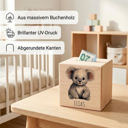 Koala Spardose für Kinder personalisiert Sparbox aus Holz Sparschwein mit Schlüssel Taufgeschenk für Jungen und Mädchen