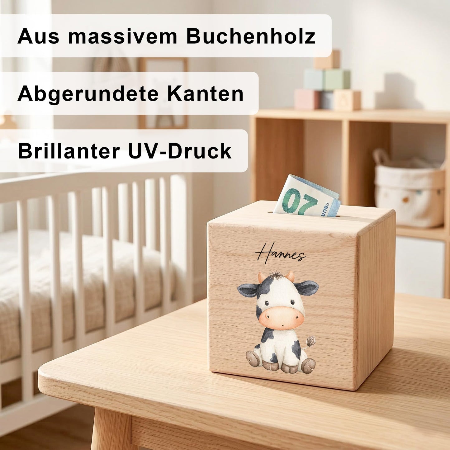 Kuh Spardose für Kinder aus Holz personalisierte Sparbox Holzspardose mit Schlüssel als Geldgeschenk