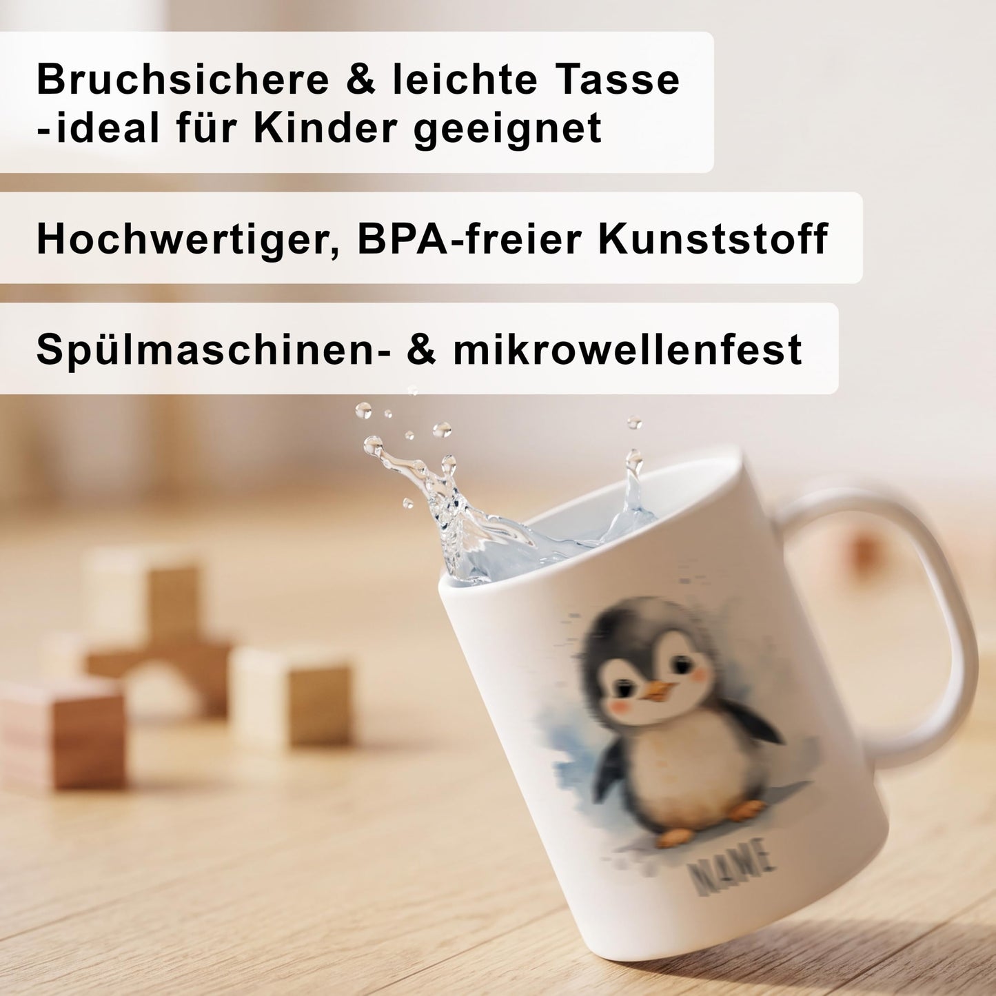 Bruchsichere Kindertasse leichte Kunststoff Tasse mit Henkel für Kindergarten, Pinguin