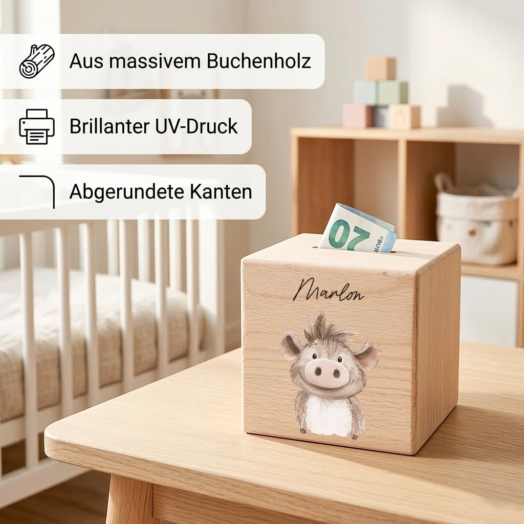 Spardose für Kinder Warzenschwein personalisiert Safari Tiere Sparbox aus Holz Sparschwein mit Schlüssel Taufgeschenk für Jungen & Mädchen