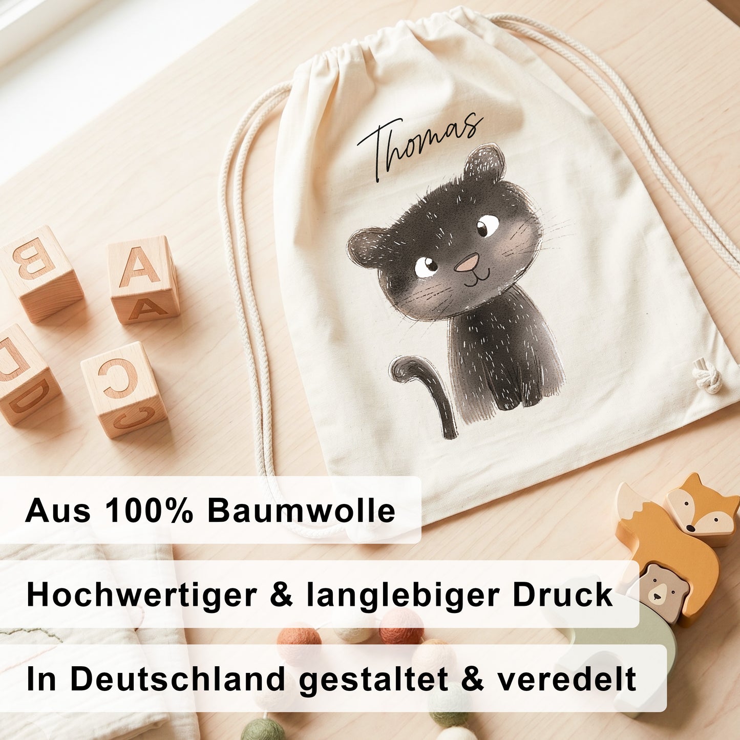 Panter Turnbeutel für Kinder personalisierter Sportbeutel für den Kindergarten Stoffbeutel mit Kordelzug