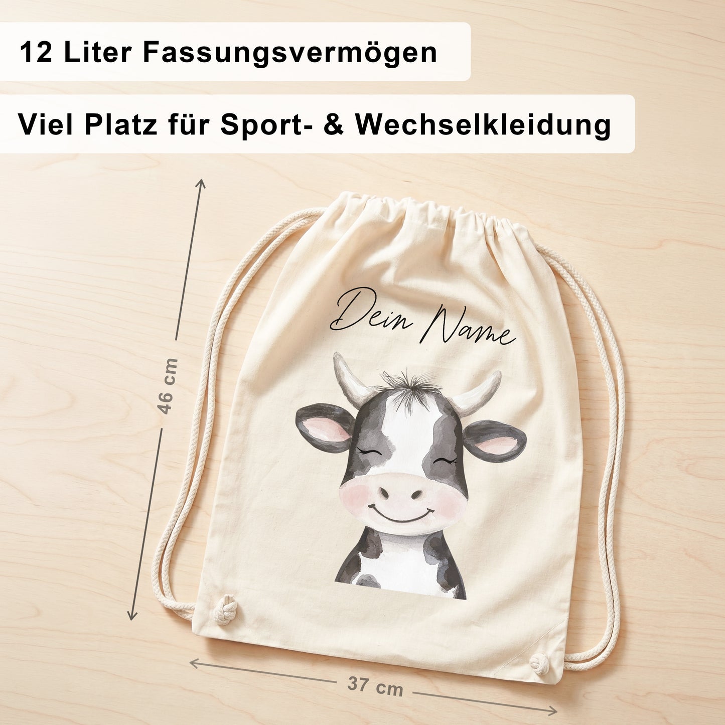 Kuh Turnbeutel Kinder personalisierter Sportbeutel für Kindergarten & Kita Stoffbeutel mit Kordelzug