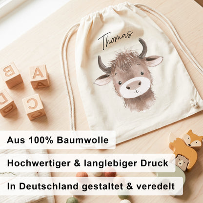 Büffel Turnbeutel für Kinder personalisierter Sportbeutel für den Kindergarten Stoffbeutel mit Kordelzug