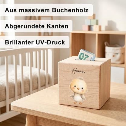 Küken Spardose für Kinder aus Holz personalisierte Sparbox Holzspardose mit Schlüssel als Geldgeschenk