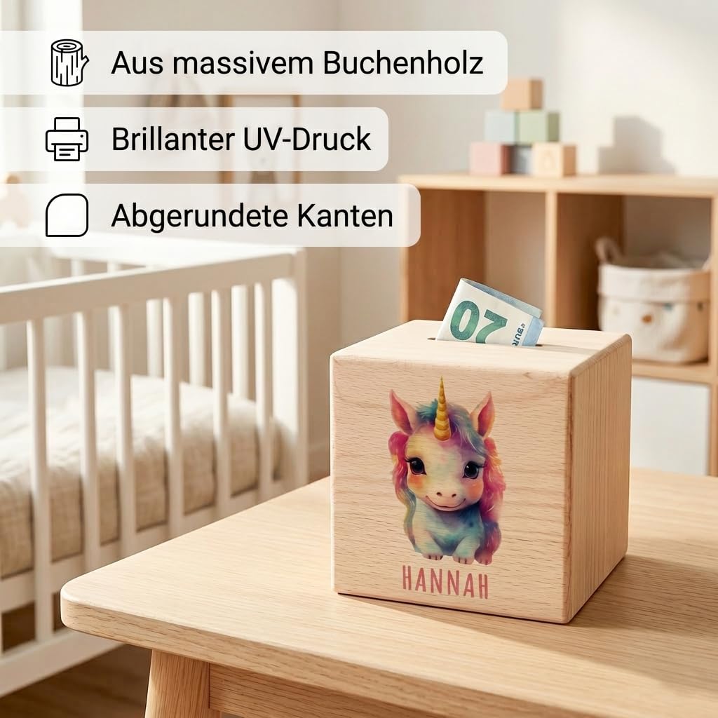 Tier Spardose für Kinder personalisiert Sparbox aus Holz Sparschwein mit Schlüssel Taufgeschenk für Jungen und Mädchen (Einhorn)