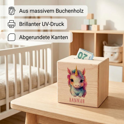 Tier Spardose für Kinder personalisiert Sparbox aus Holz Sparschwein mit Schlüssel Taufgeschenk für Jungen und Mädchen (Einhorn)