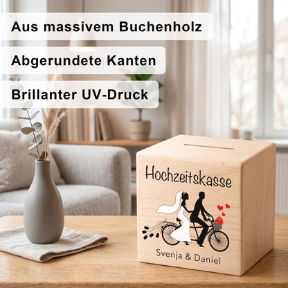 Geldgeschenk zur Hochzeit personalisierte Spardose aus Holz Tandem Hochzeitsgeschenk für Brautpaar