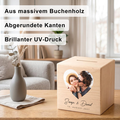 Hochzeitsgeschenk für Brautpaar Spardose aus Holz personalisierte als Geld Geschenk inkl. Schloss & Schlüssel