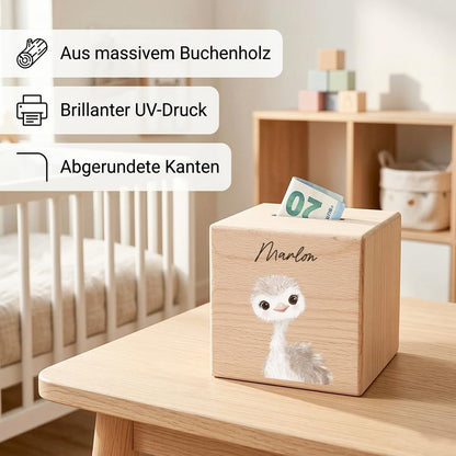 Spardose für Kinder Strauß personalisiert Safari Tiere Sparbox aus Holz Sparschwein mit Schlüssel Taufgeschenk für Jungen & Mädchen