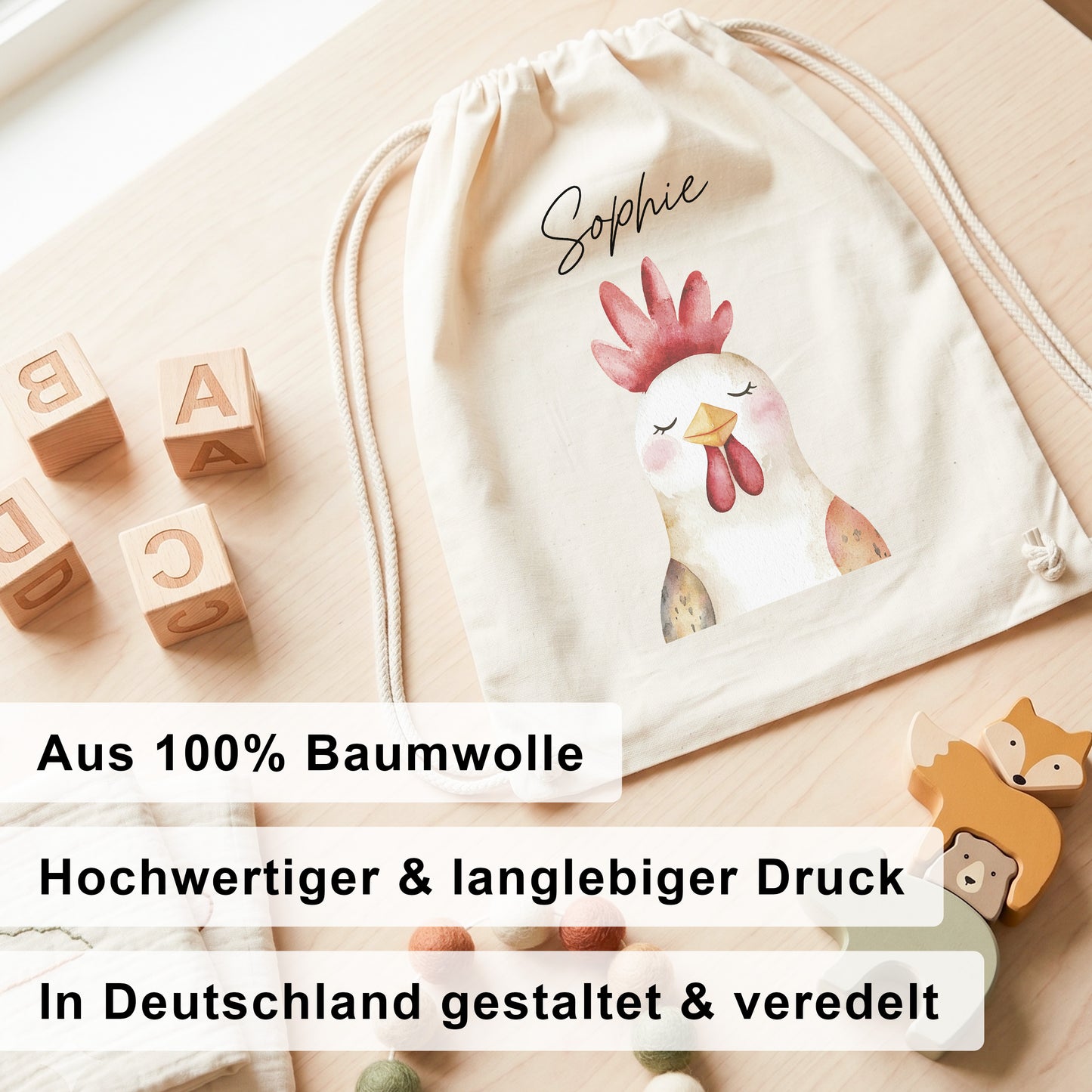 Hahn Turnbeutel Kinder personalisierter Sportbeutel für Kindergarten & Kita Stoffbeutel mit Kordelzug