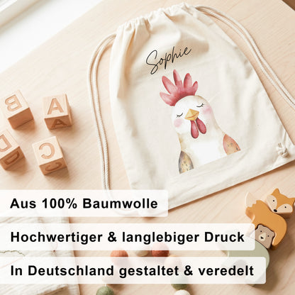 Hahn Turnbeutel Kinder personalisierter Sportbeutel für Kindergarten & Kita Stoffbeutel mit Kordelzug