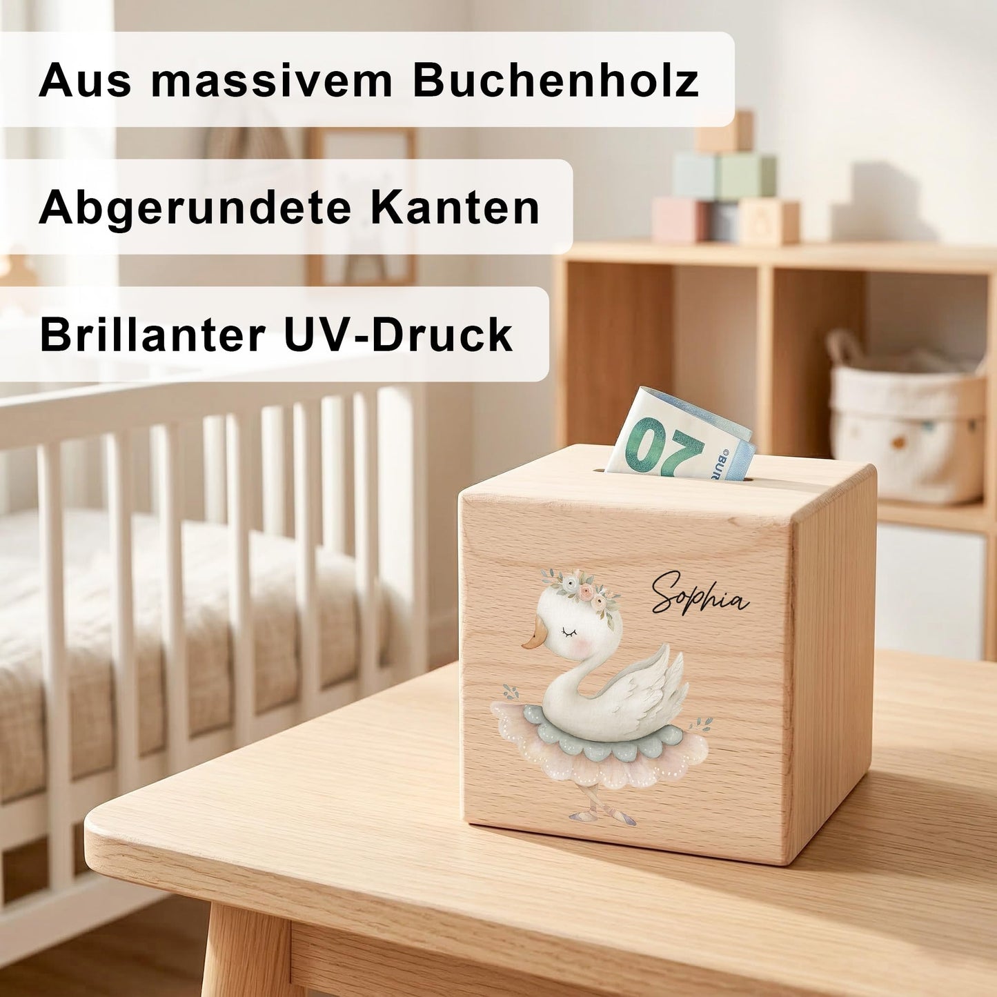 Spardose für Mädchen personalisierte Sparbox aus Holz mit Gans Geldgeschenk für Kinder