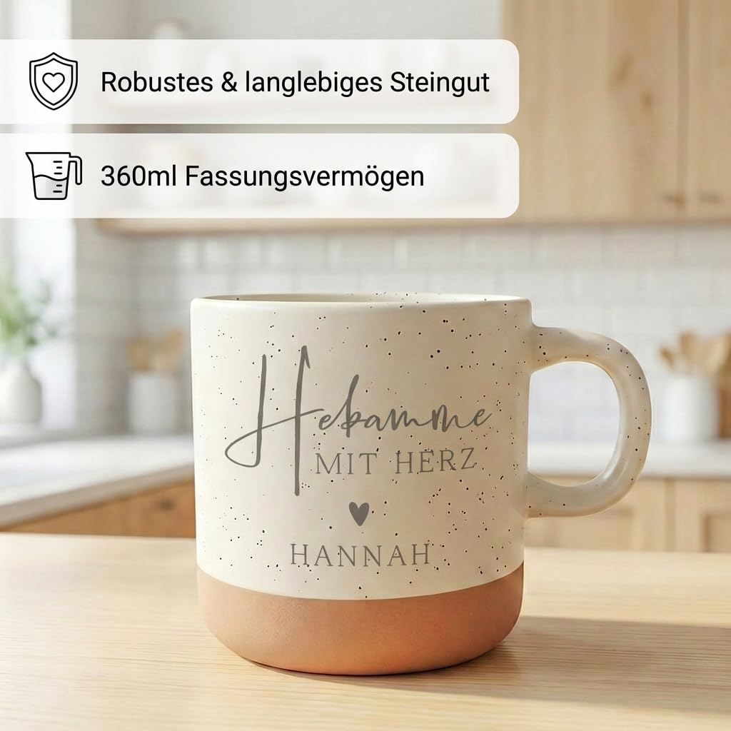 Geschenk Hebamme Steingut Tasse personalisiert mit Gravur Teetasse Kaffeebecher Kaffeetasse