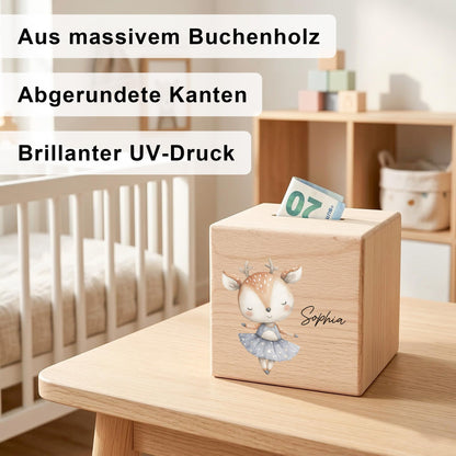 Spardose für Mädchen personalisierte Sparbox aus Holz mit REH Geldgeschenk für Kinder